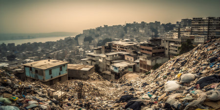 Gritty city drowned in huge amount of litter and garbage. AI generative image. Earth pollution concept imageの素材