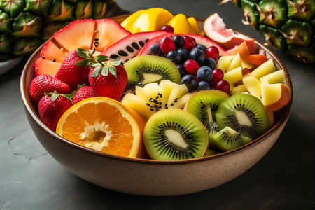 AI generative image of a ceramic bowl overflowing with fresh fruit, orange, kiwi slices and grapesの素材