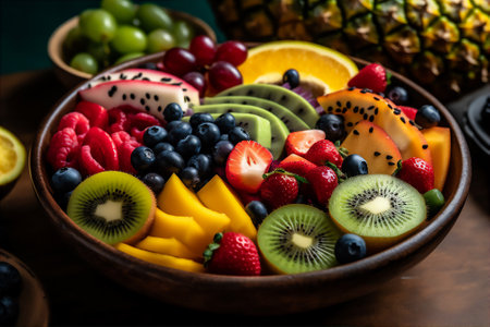 AI generative image of a ceramic bowl overflowing with fresh fruit, orange, kiwi slices and grapesの素材