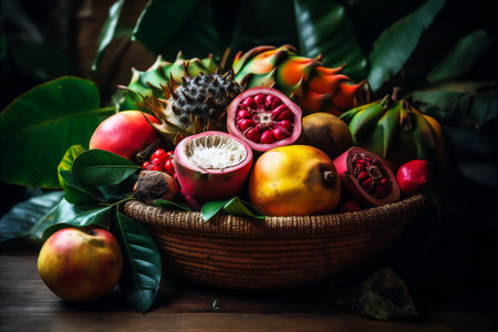 AI generative image of a basket filled with fresh mangosteens, dragon fruit and other tropical fruit on the wooden tableの素材