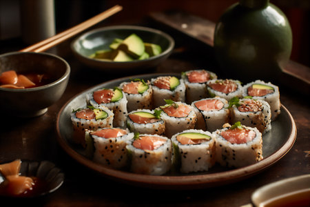 AI generative image of traditional japanese platter of sushi.の素材