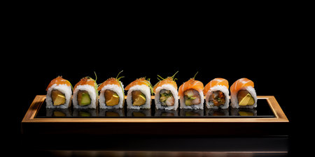 Close up ai generative image of sushi isolated on black background.の素材