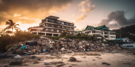Gritty city drowned in huge amount of litter and garbage. AI generative image. Earth pollution concept imageの素材