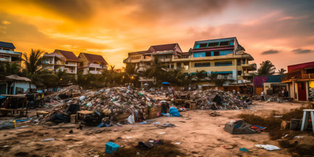 Gritty city drowned in huge amount of litter and garbage. AI generative image. Earth pollution concept imageの素材