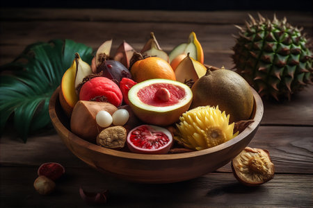 Bowl of exotic fruits of guava, rambutan and jackfruit on wooden table AI generative imageの素材