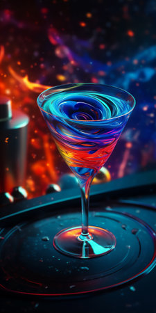 Bright cosmic cocktail in a tall glass on a bar top, with colorful turbulence, mixes realistic and fantastical elements, rainbowcore, dark orange and light blue. AI generated imageの素材