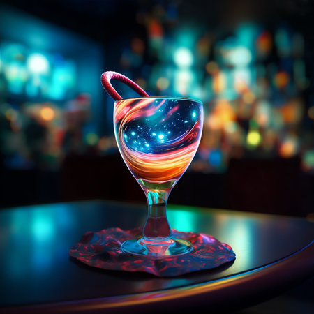 Bright cosmic cocktail in a tall glass on a bar top, with colorful turbulence, mixes realistic and fantastical elements, rainbowcore, dark orange and light blue. AI generated imageの素材