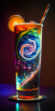Bright cosmic cocktail in a tall glass on a bar top, with colorful turbulence, mixes realistic and fantastical elements, rainbowcore, dark orange and light blue. AI generated imageの素材