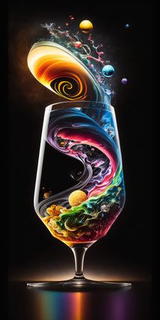 Unearthly antigravity cocktail resting on the counter, with colorful turbulence, mixes realistic and fantastical elements, rainbowcore, dark orange and light blue. AI generated imageの素材