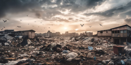 Gritty city drowned in huge amount of litter and garbage. AI generative image. Earth pollution concept imageの素材