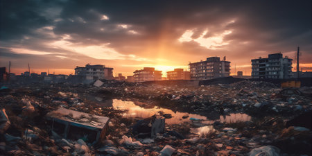 Gritty city drowned in huge amount of litter and garbage. AI generative image. Earth pollution concept imageの素材