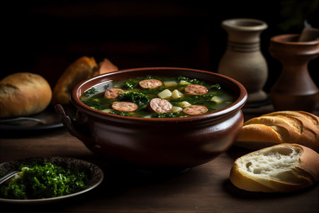 AI generative image of Caldo Verde served with shouricos - traditional portuguese soupの素材