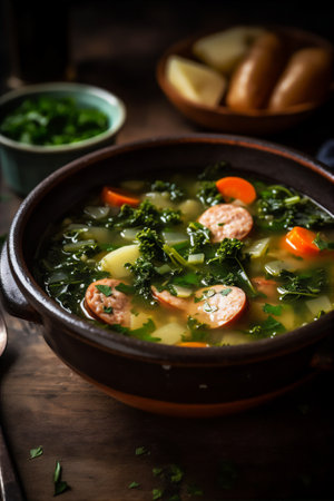 AI generative image of Caldo Verde served with shouricos - traditional portuguese soupの素材