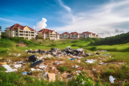 Wealthy district with beatifull mansion covered with piles of litter and garbage. Waste pollution problem concept AI generative imageの素材