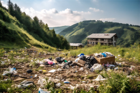 Small village in mountains with slopes covered with trash and garbage piles. Waste pollution problem concept AI generative imageの素材