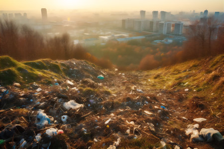 AI generative panoramic image of big city suburbs in the evening covered with piles of garbage. Waste pollution problem concept imageの素材