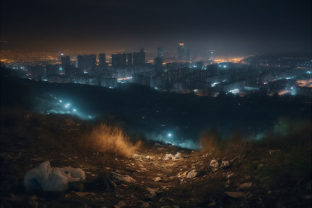 AI generative panoramic image of big city suburbs at night covered with piles of garbage. Waste pollution problem concept imageの素材