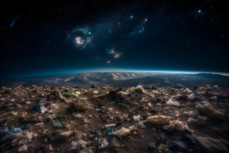 Enormous garbage pile reaching outer space showing pollution problems. AI generative image so farの素材