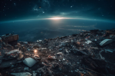 Enormous garbage pile reaching outer space showing pollution problems. AI generative image so farの素材