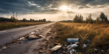 AI generative panoramic image of the road full of trash and garbage. Environment pollution problemsの素材