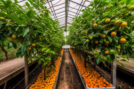 AI generative image of greenhouse with green lush plants growing up.の素材