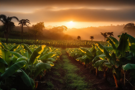 Banana plantation in Costa Rica at sunset. AI generative image.の素材