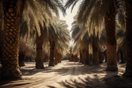 AI generative image of oasis in the desert with lushing tall palm trees.の素材