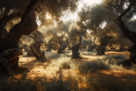 Olive grove with old trees at sunny day. AI generative imageの素材