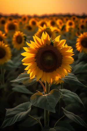 AI generative image of sunflower field in the evening time.の素材