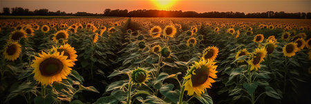 AI generative image of sunflower field in the evening time.の素材