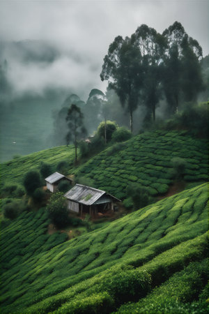 Tea plantation in mountains in moist monsoon season with heavy clouds in sky. AI generative imageの素材