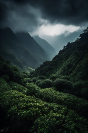 Tea plantation in mountains in moist monsoon season with heavy clouds in sky. AI generative imageの素材