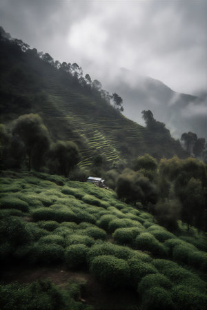 Tea plantation in mountains in moist monsoon season with heavy clouds in sky. AI generative imageの素材