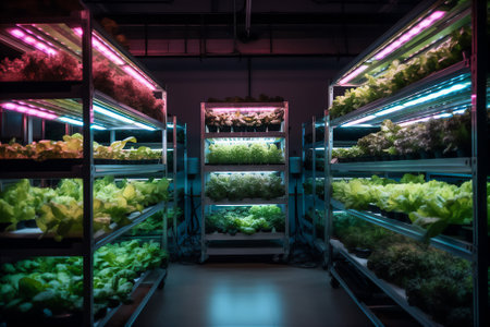 Modern agriculture laboratory with artificial light growing genetic modified plants. AI generative imageの素材