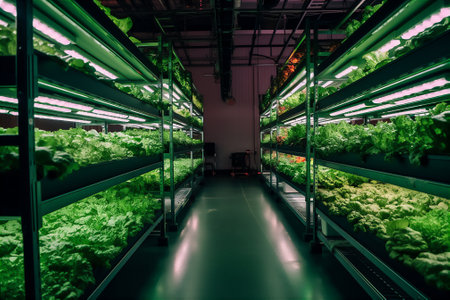 Modern agriculture laboratory with artificial light growing genetic modified plants. AI generative imageの素材