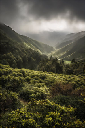 Tea plantation in mountains in moist monsoon season with heavy clouds in sky. AI generative imageの素材
