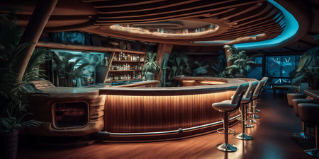 AI generative image of interior of themed Tiki Bar with its polynesian cultureの素材