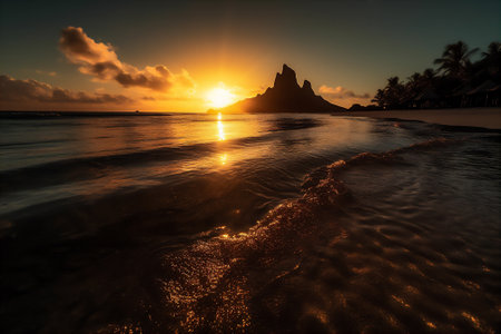 Calm waters of Bora Boras Beach in golden rays of the sun over the oceanの素材