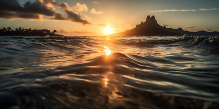 Calm waters of Bora Boras Beach in golden rays of the sun over the oceanの素材