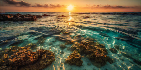 Crystal-clear turquoise waters of the Maldives island under the soft light of the setting sun.の素材