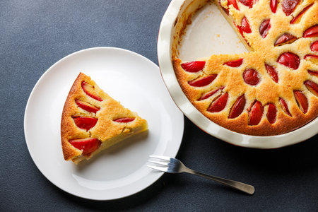 Homemade plum pie with almond flour. Top view image for menu or recipe.の写真素材