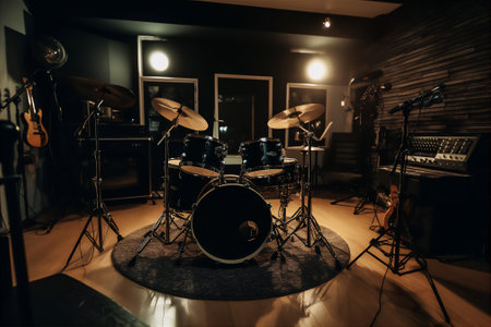 AI generative image of drum set in warm-lit studio.の素材