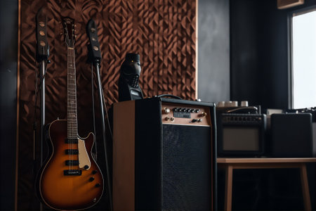 Sound studio with some guitars, acoustic systems and other equipment. AI generative imageの素材