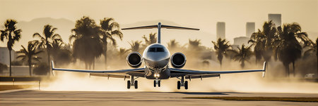 AI generative image of private jet plane taking off from a runway.の素材