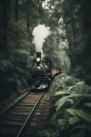 AI generative image of retro steam train chugging through the lush green woods.の素材