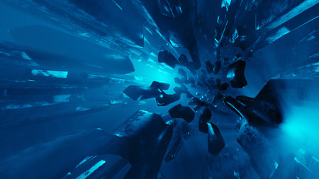 Tunnel of flying steel blocks in blue dim light space. Abstract background, 3d rendering imageの写真素材