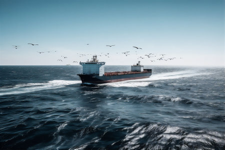 AI generative image of cargo ship sailing through the open sea at sunny dayの素材