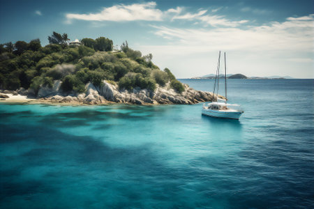 AI generative image of a luxury yacht sailing on a crystal water near the small islandの素材