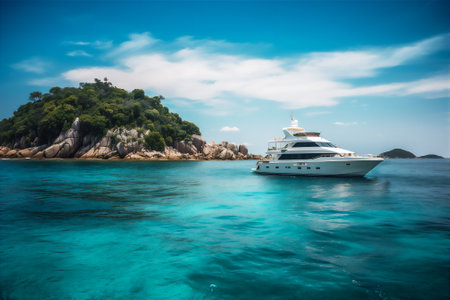 AI generative image of a luxury yacht sailing on a crystal water near the small islandの素材