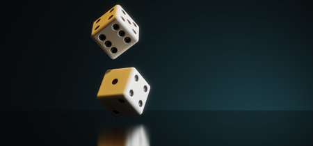 A pair of thrown dices on the reflective surface against dark backgroundの写真素材